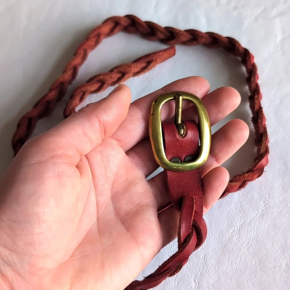 Belt Braided Red Leather with Brass Buckle Small EUC